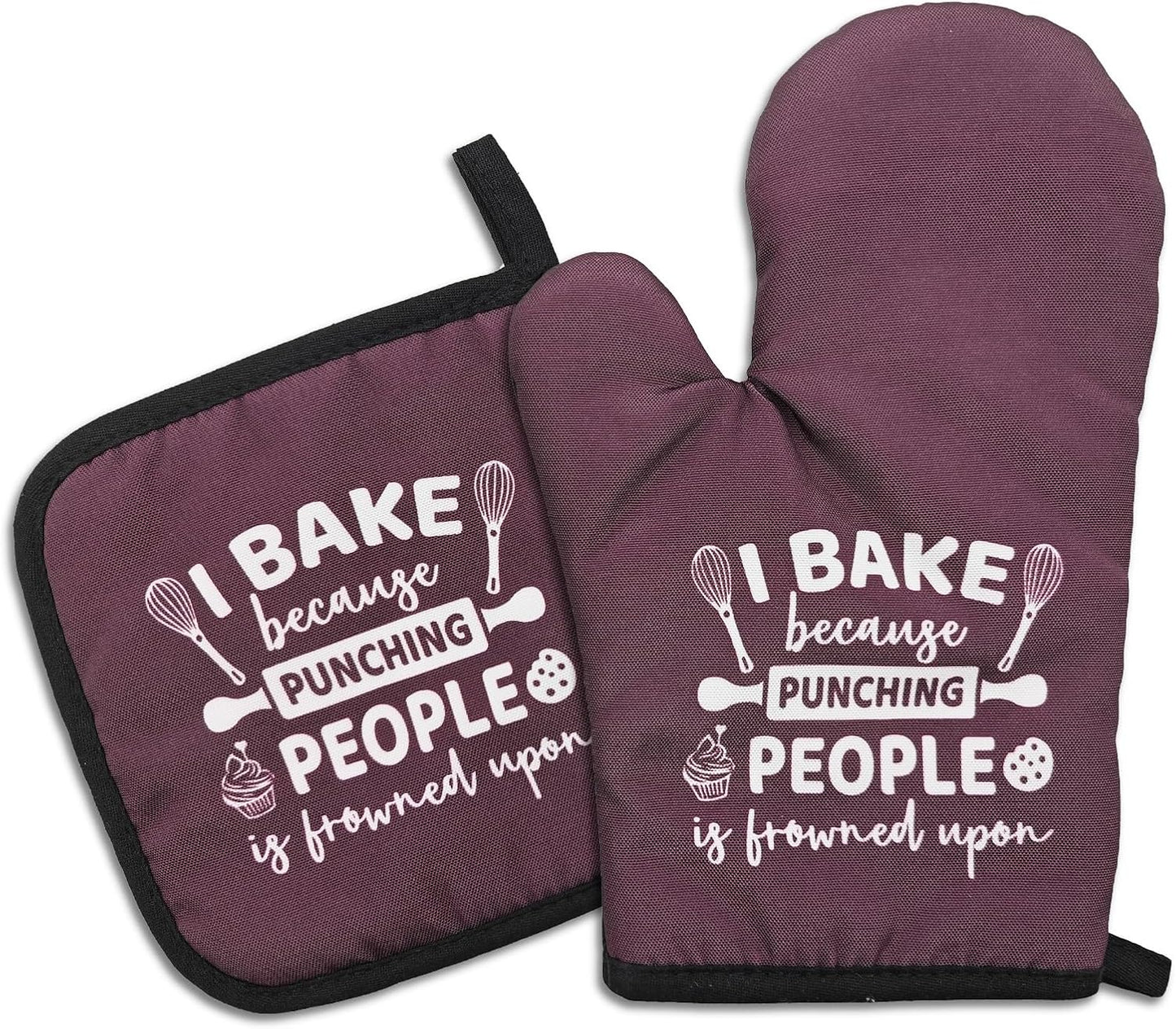 Funny Oven Mitts and Pot Holders（Set of 2） I Bake Because Punching People is Frowned Upon Silicone Non-Slip Oven Mitts Funny Kitchen Decor Gifts for Chef Cook Lover Family Friend Hostess