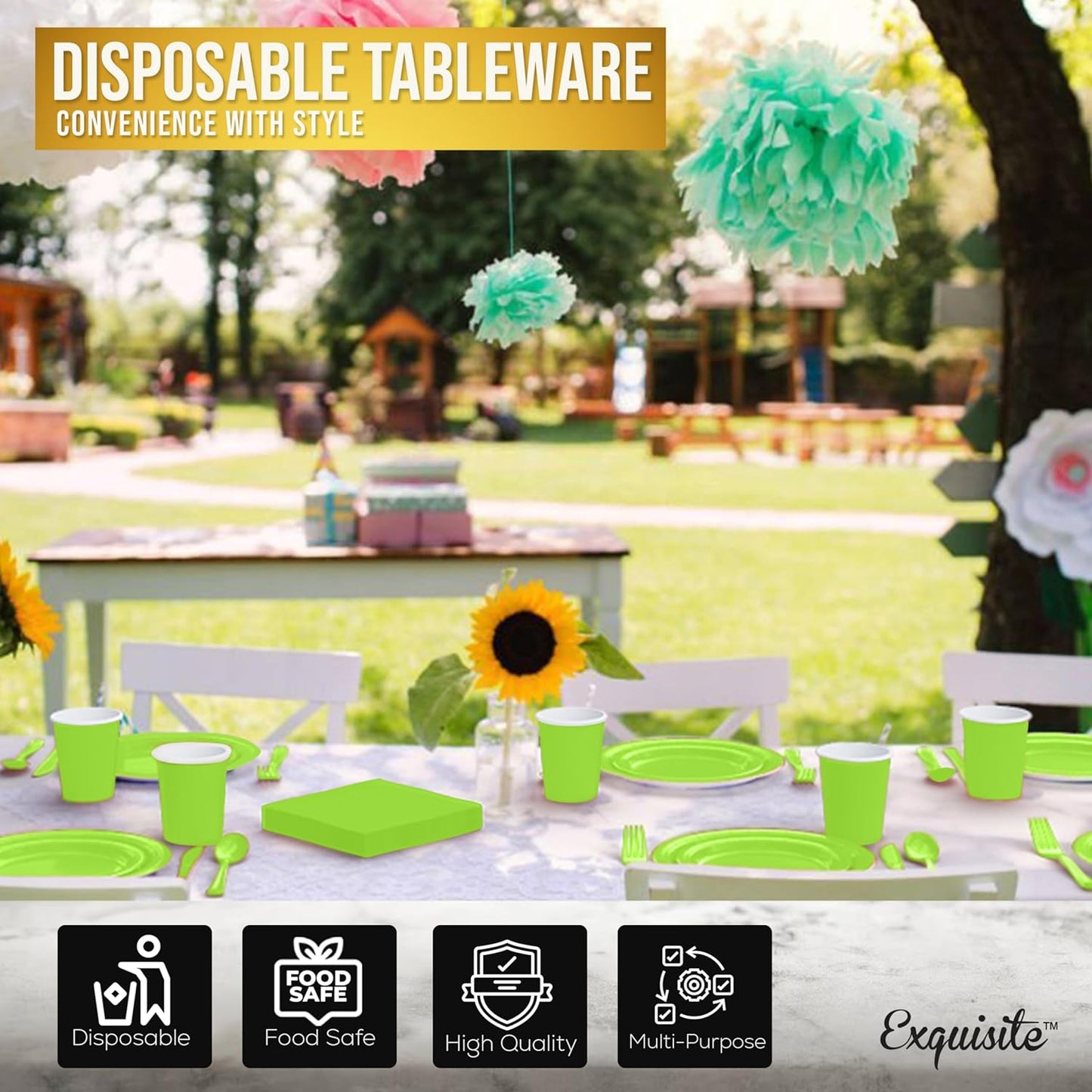 Exquisite 350 Pcs Lime Paper Plates For Party, Lime Disposable Plates Set, 50 Of Each 9" Dinner Plate Set, 7" Dessert Plate, Cups, Napkins & Cutlery Paper Dinnerware