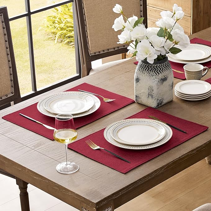 Romanstile Cloth Placemats Set of 8-12 x 18 Inch, Heat Resistant Double Layered Thickened Burlap Christmas Place Mats, Washable Faux Linen Farmhouse Table Mats for Kitchen/Dining/Party/Outdoor, Red