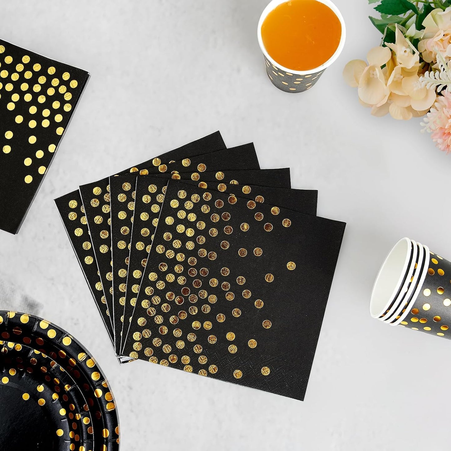 Black and Gold Party Supplies - 350 PCS Disposable Dinnerware Set - Black Paper Plates Napkins Cups, Gold Plastic Forks Knives Spoon for Halloween, Graduation, Birthday, Cocktail Party