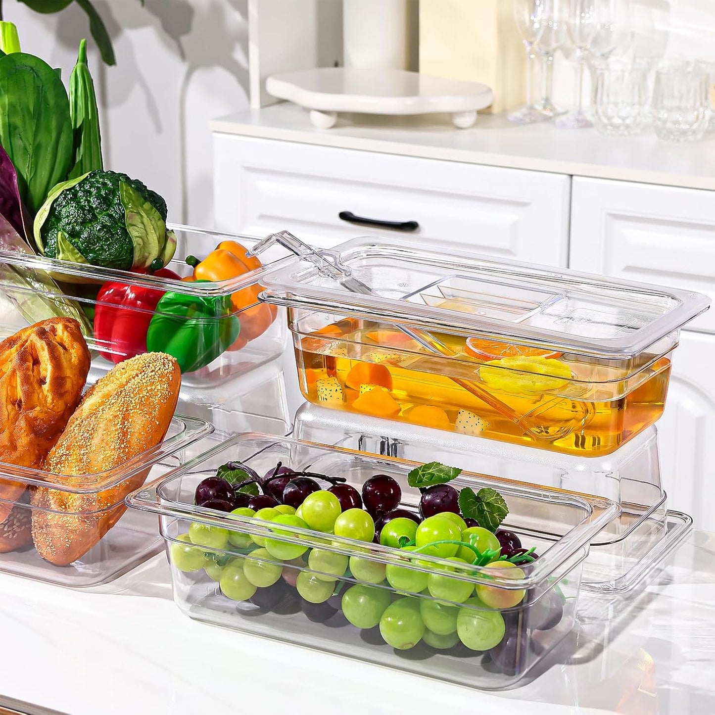 6 Pack Plastic Food Pans with Lids, 1/3 Size 4'' Deep Clear Commercial Stackable Polycarbonate Pans Hotel Food Storage Pan with 1 Pcs Spoon for Fruits Vegetables