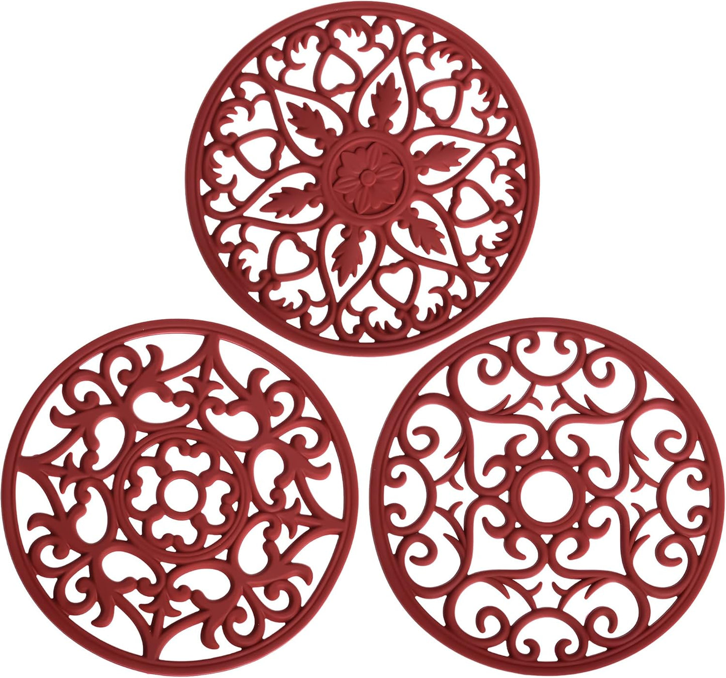 Smitchraft Silicone Trivets Hot Dishes, Pots & Pans, Hot Pads Kitchen Quartz Countertops, Pot Holders Trivet Mat, Non-Stick Heat Resistant Mats Counter & Table, Burgundy Red Kitchen Accessories Set 3