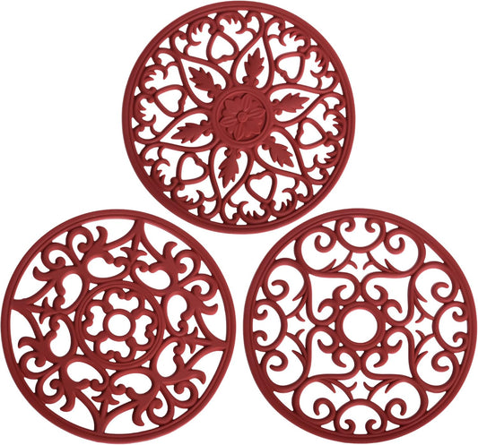 Smitchraft Silicone Trivets Hot Dishes, Pots & Pans, Hot Pads Kitchen Quartz Countertops, Pot Holders Trivet Mat, Non-Stick Heat Resistant Mats Counter & Table, Burgundy Red Kitchen Accessories Set 3