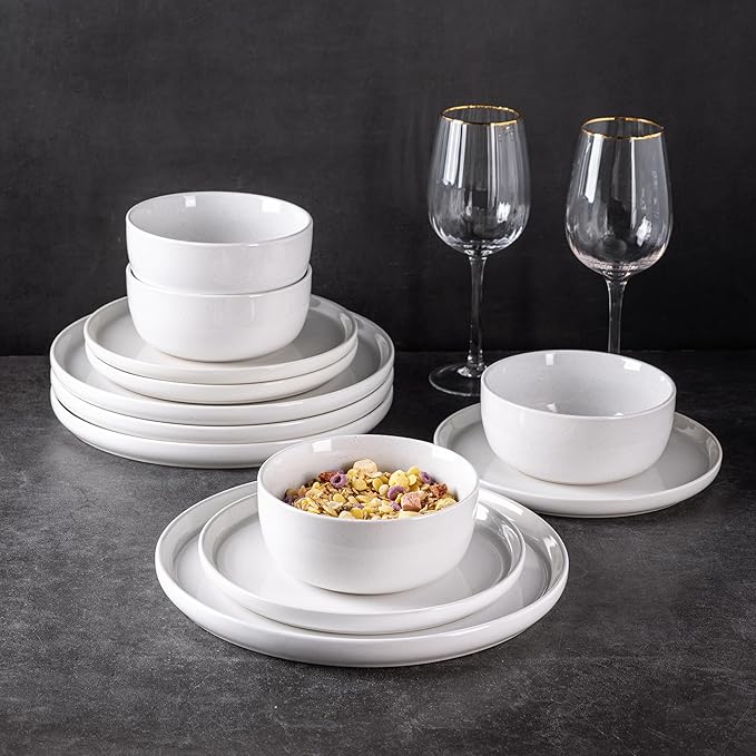 AmorArc Dinnerware Sets for 4, 12 Pieces Ceramic Plates and Bowls Set, Handcrafted Stoneware Plates Sets, Dishwasher & Microwave Safe Dishes