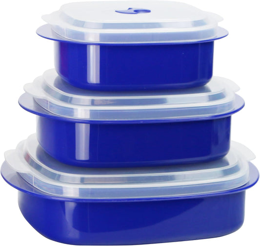 Reston Lloyd Nesting Microwave Containers, Set of 3, Adjustable Steam Vents, Airtight, Meal Prep, Durable BPA-Free Plastic- Freezer & Dishwasher Safe, Cookware & Food Storage, Anyday Cookware, Indigo