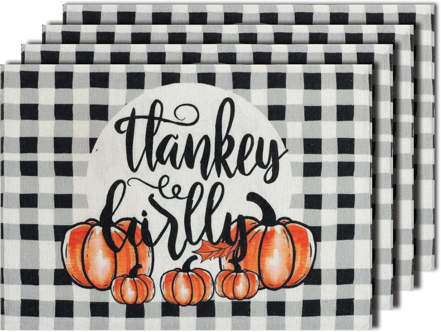 MANSPHIL Fall Gingham Placemats Set of 4 Thanksgiving Fabric Place Mats Autumn Harvest Table Decor - Farmhouse Table Mats for Dining Kitchen Washable Wrinkle Free 13x19 Inch Oeko Tex Placemat