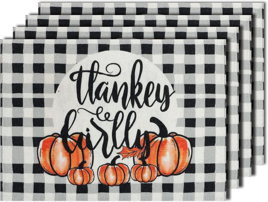 MANSPHIL Fall Gingham Placemats Set of 4 Thanksgiving Fabric Place Mats Autumn Harvest Table Decor - Farmhouse Table Mats for Dining Kitchen Washable Wrinkle Free 13x19 Inch Oeko Tex Placemat