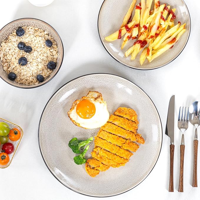 Plates and Bowls Sets for 4 - CJDC-QUELO 12-Piece Stoneware Dinnerware Sets, Ceramic Dishware Set for Kitchen Use and Formal Dining, Chip and Scratch Resistant Microwave Dishwasher Safe, Brown