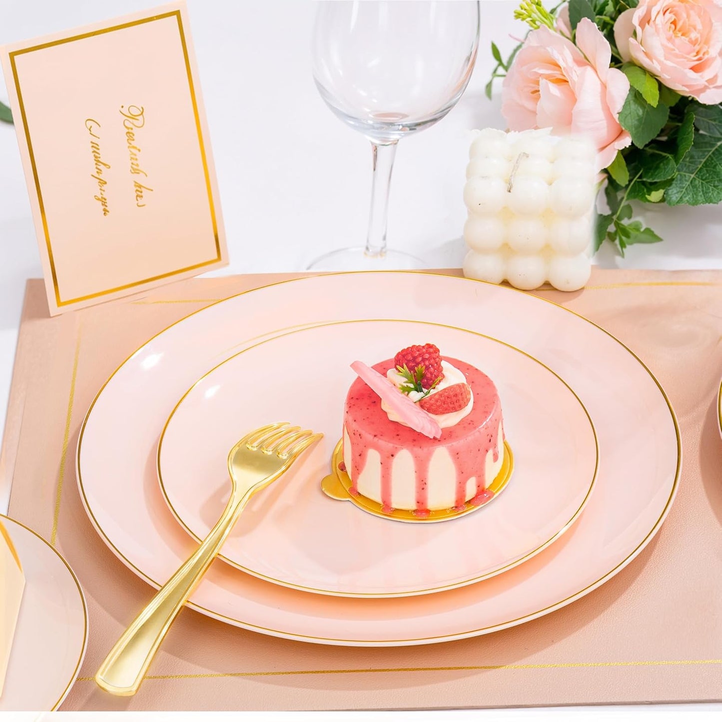 KIRE 175PCS Pink Plates Disposable - Heavy Duty Pink and Gold Plastic Plates Dinnerware Sets - 25 for Dinner 25 for Dessert 25 Pre Rolled Napkins 25Cups for Birthday Party/Wedding