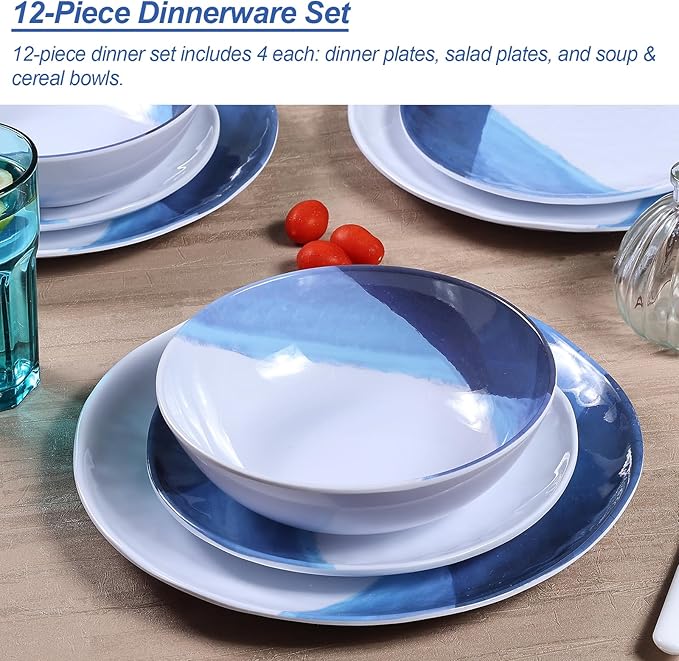 Melamine Plates and Bowls Set - 12pcs Dinnerware Dishes Set for 4, Dinner Plates for Indoor and Outdoor Use, Lightweight Break-resistant, Blue & White