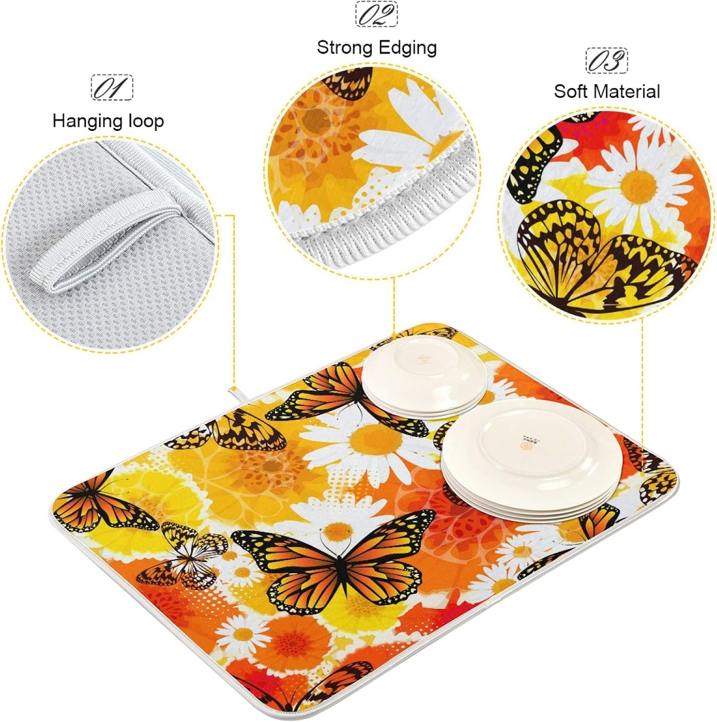 Yellow Flowers Butterfly Dish Drying Mats 16 x 18 Inch Super Absorbent Microfiber Dish Drainer Rack Mats Soft Heat Resistant Drying Protector Pad for Kitchen Counter Sinks Dining Table