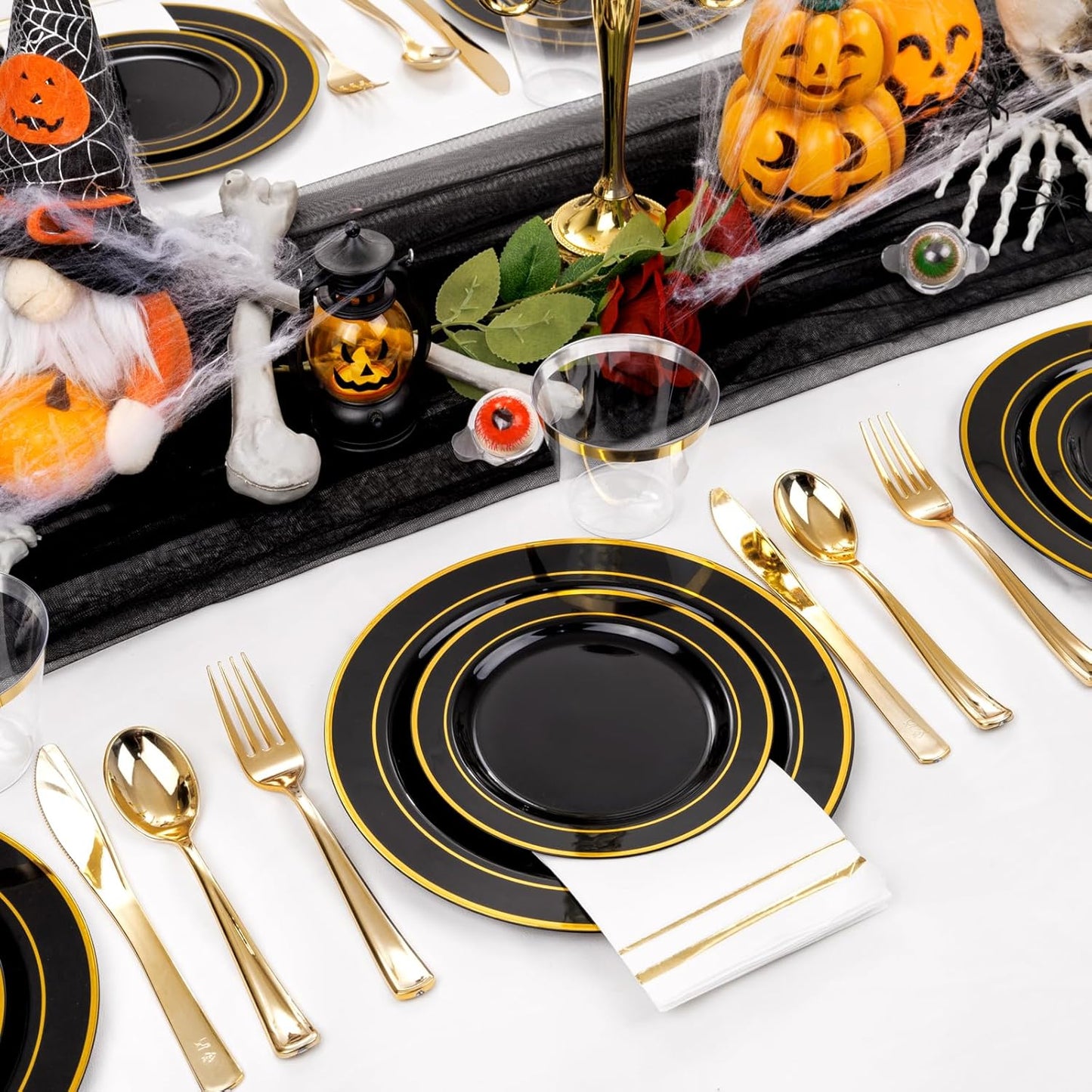 GATHER 350PCS Black Plastic Plates - Disposable Dinnerware Set Include 100PCS Black and Gold Plastic Plates, 150 Silverware, 50 Napkins, 50 Cups for Halloween Party