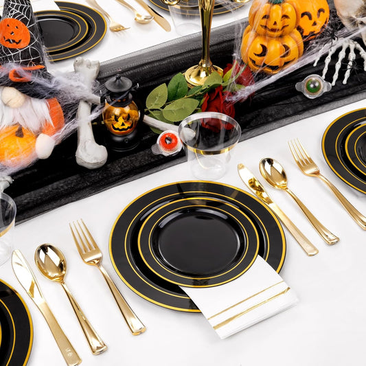 GATHER 350PCS Black Plastic Plates - Disposable Dinnerware Set Include 100PCS Black and Gold Plastic Plates, 150 Silverware, 50 Napkins, 50 Cups for Halloween Party