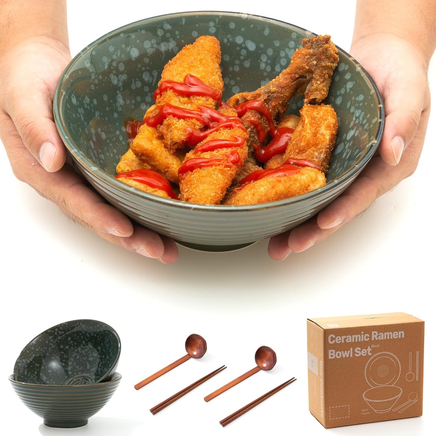 8 Inch Ceramic Ramen Bowl Set of 2, 40oz Japanese Bowls with Spoons & Chopsticks,Durable,Microwave & Dishwasher Safe,Perfect for Ramen,Pho,Salad,Soup,Noodles，Mixing bowls（Jade Green）