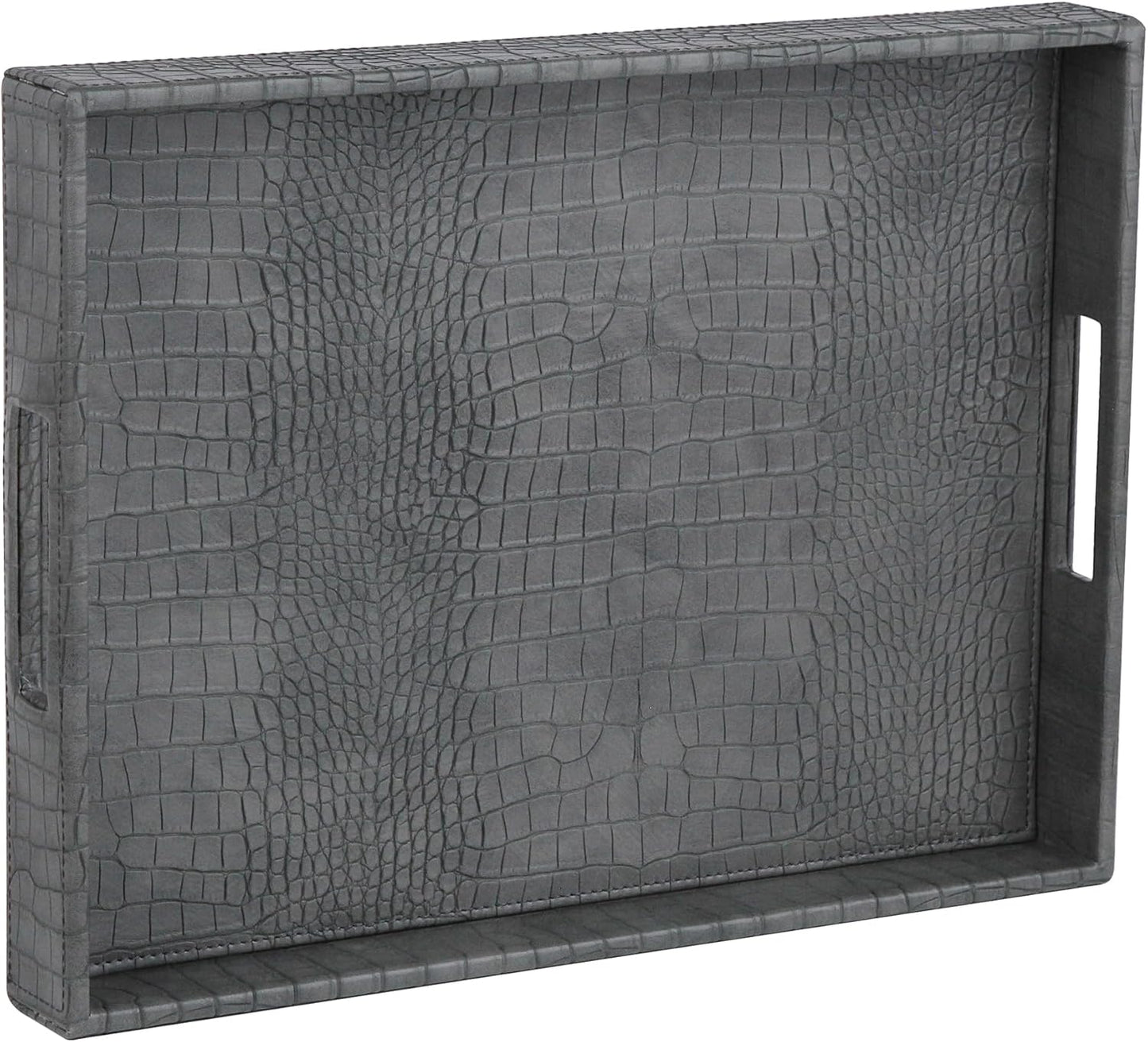 HofferRuffer Rectangle Serving Tray with Hole Handles for Coffee Table, Breakfast, Tea, Food, Butler - Countertop, Kitchen, Vanity Serve Tray, 16.2 x 12.2 x 2 inches, Faux Leather Tray (Dark Grey)