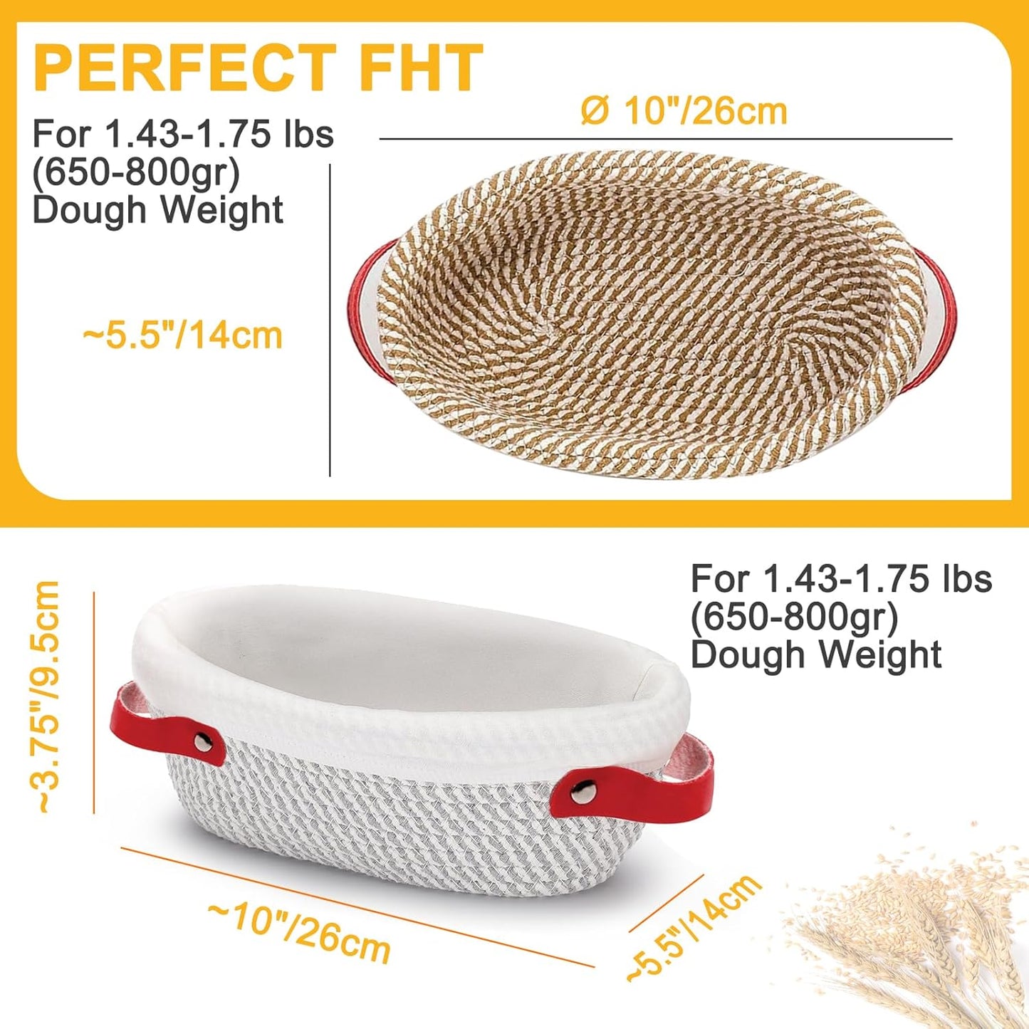 10 Inch Oval Cotton Rope Banneton Bread Proofing Basket Banneton Basket Set of 4 Sourdough Bread Baking Supplies with Liner & Cover