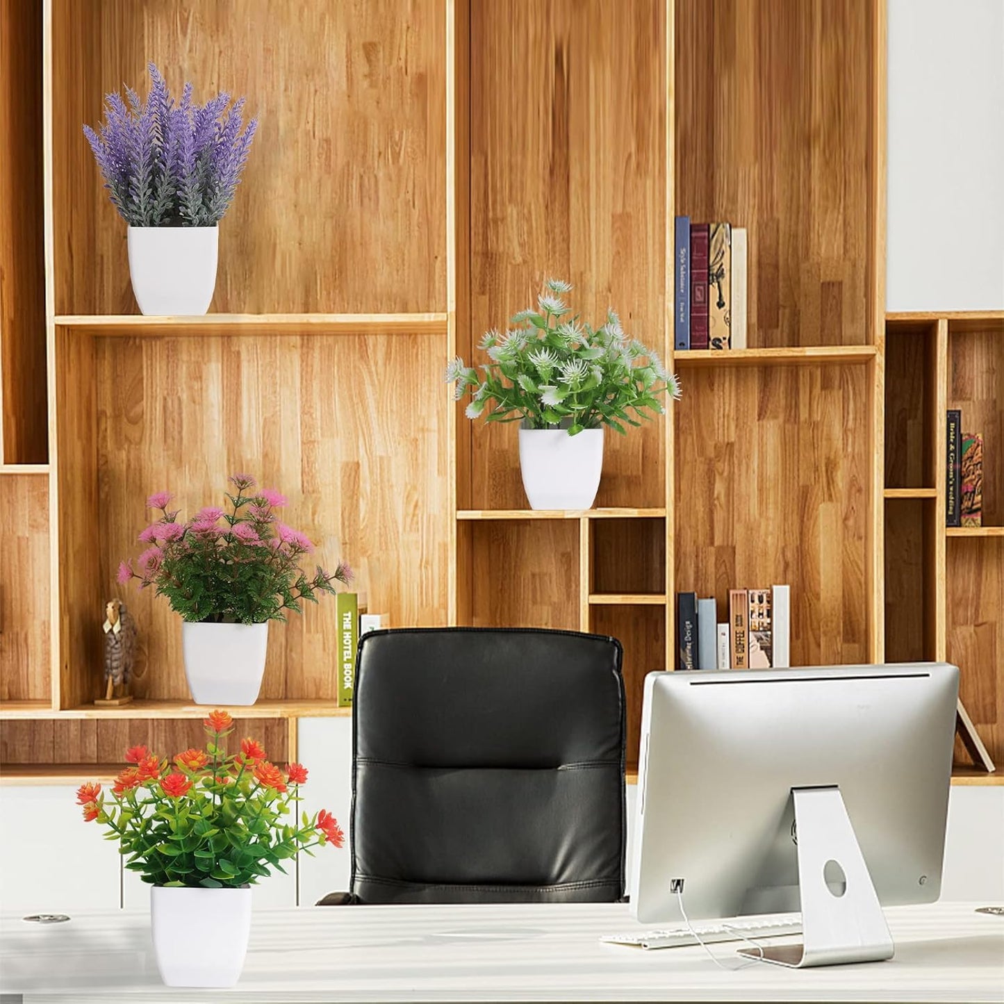 Artificial Potted Flowers 4pcs Fake Small Plant in Pot Mini Faux Plant Door House Office Tabletop Kitchen Colorful Greenery Decor