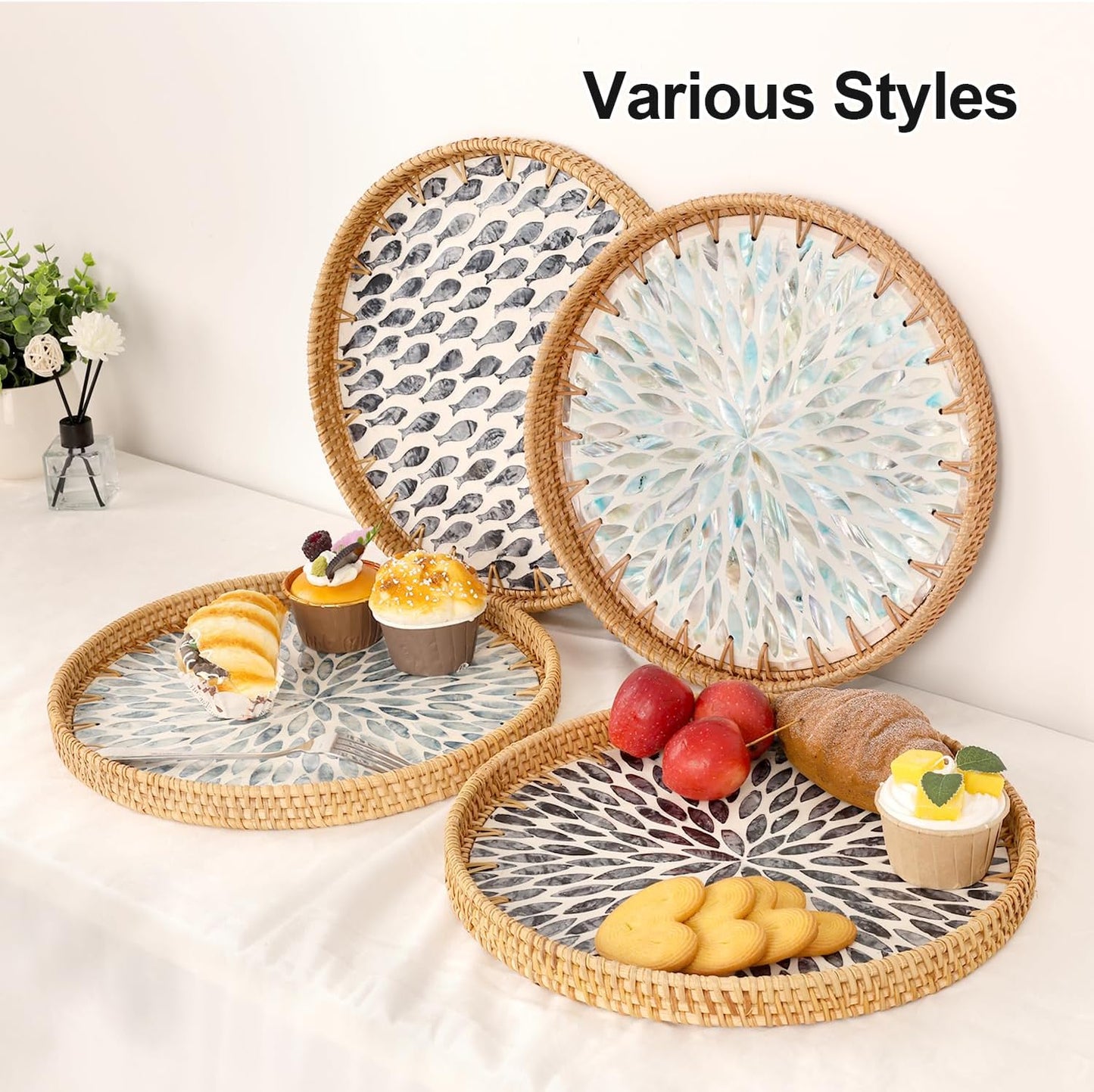 Round Rattan Tray with Mother of Pearl Inlay, Rattan Serving Tray for Coffee, Bread, Fruits, Decorative Wicker Tray for Table Decor, Home Decor, Kitchen Island Decor (Dark Blue Leaf, 11.8")