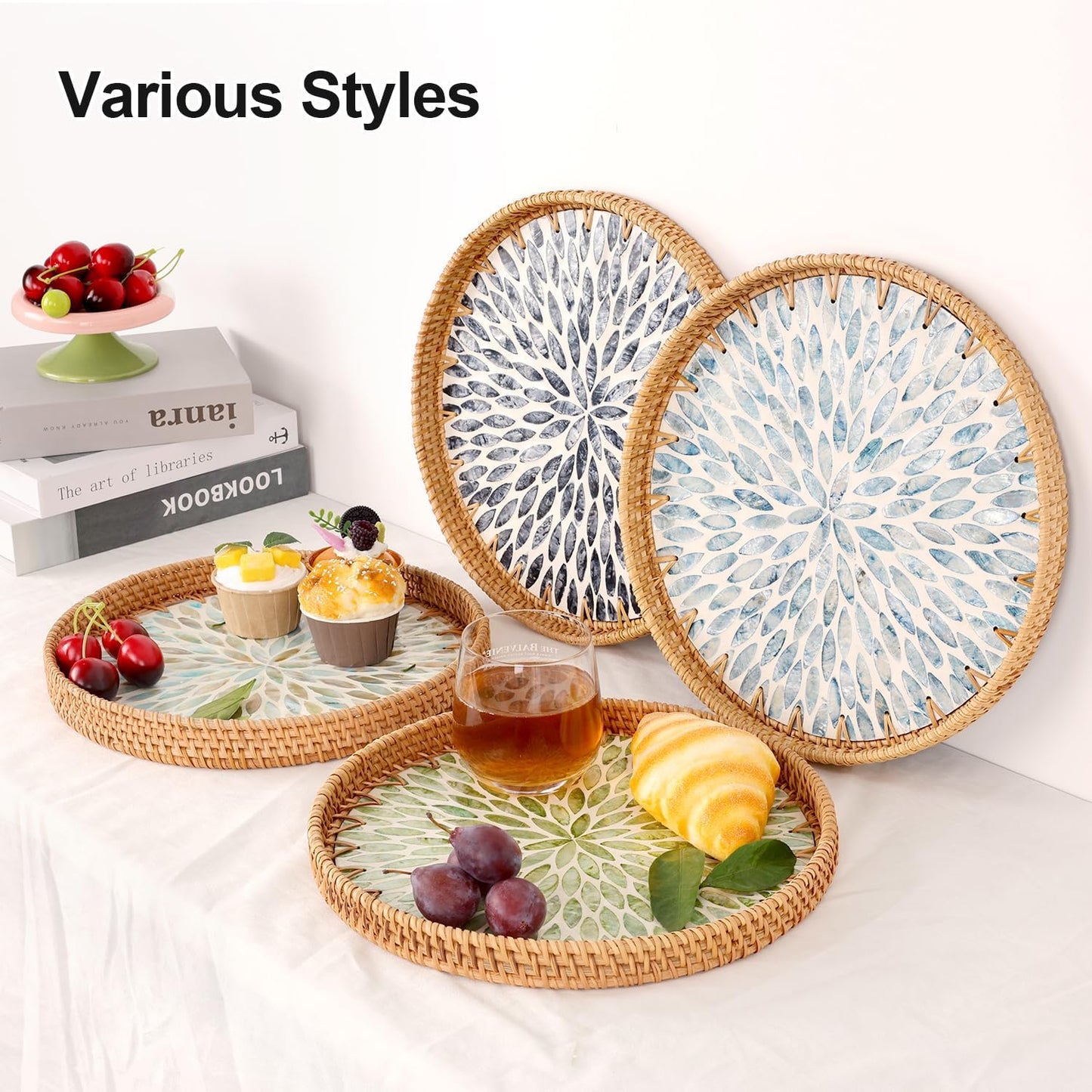 Round Rattan Tray with Mother of Pearl Inlay, Rattan Serving Tray for Coffee, Bread, Fruits, Decorative Wicker Tray for Table Decor, Home Decor, Kitchen Island Decor (Green Leaf, 11.8")