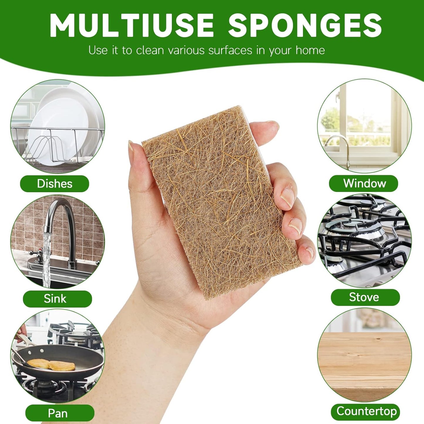 10 Pack Biodegradable Natural Sponges Kitchen - Compostable Cellulose and Coconut Walnut Scrubber Sponge - Eco Friendly Sponges for Dishes