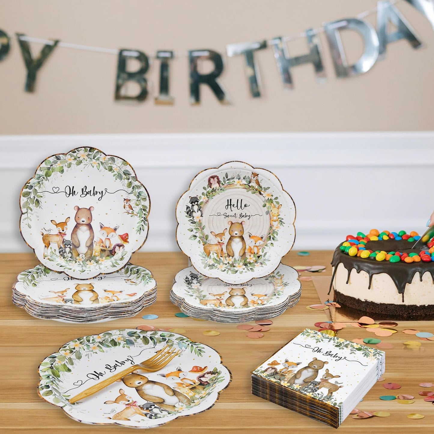 96 Pieces Woodland Baby Shower Tableware Set – Scalloped Forest Animal Disposable Dinnerware with Paper Plates, Napkins, and Forks for Gender Neutral Baby Showers and Birthday Parties – Serves 24