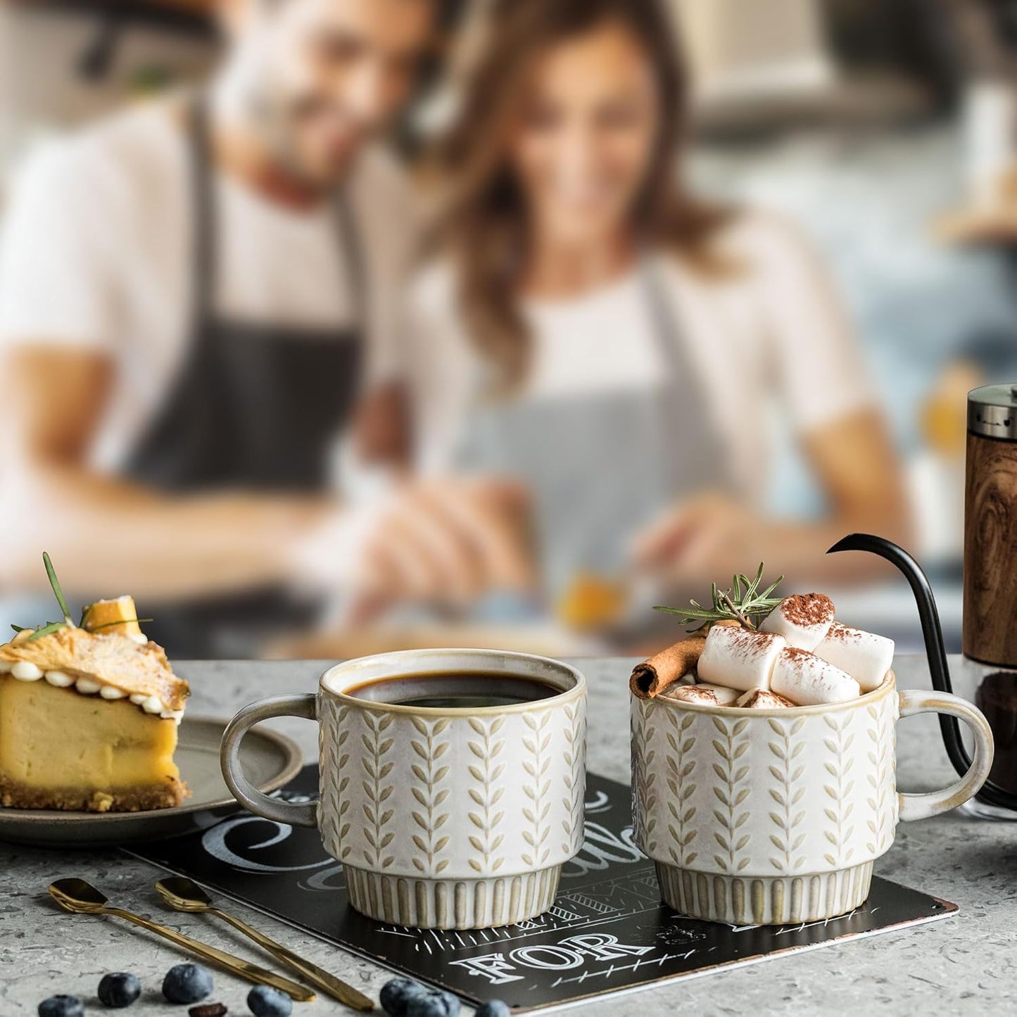 Coffee Mugs Set of 4 with Spoons & Stand, Stackable Espresso Cups 13oz Coffee Mug for Drinks Latte Cappuccino Tea, Coffee Cup for Women Men Couples Housewarming Birthday Gift, Dishwasher Safe