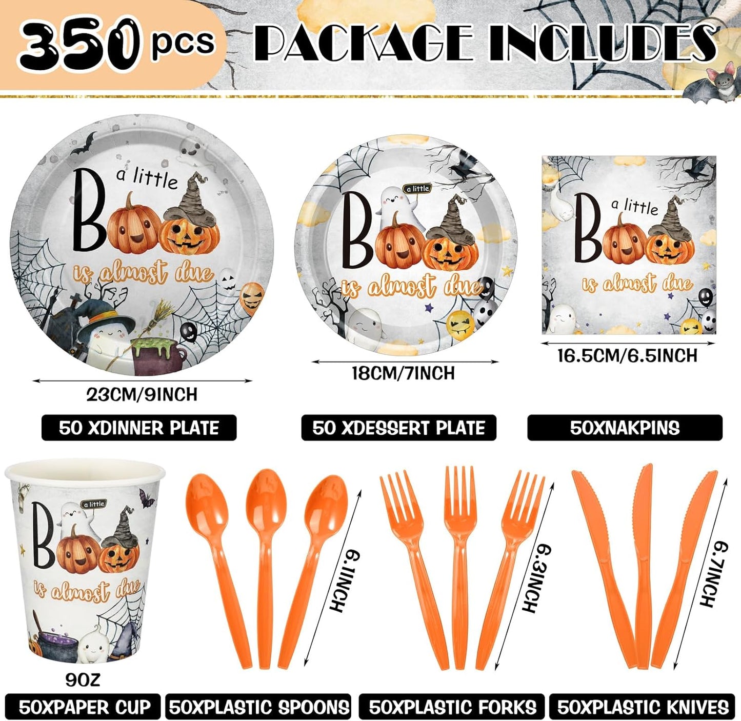 Dandat 350 Pcs Baby Shower Plates Set Baby Shower Party Supplies Serves 50 Tableware Sets Include Plates Napkin Cup Forks Knives Spoons Disposable Dinnerware(Boo,Orange)