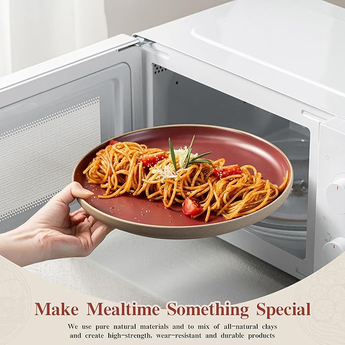 12 Pieces Dinnerware Sets,Plates and Bowls Sets,Handmade Reactive Glaze Dishes Set for 4 with at Least 10% Recycled Ceramic and the Raw Texture of the Clay (Angora Red)