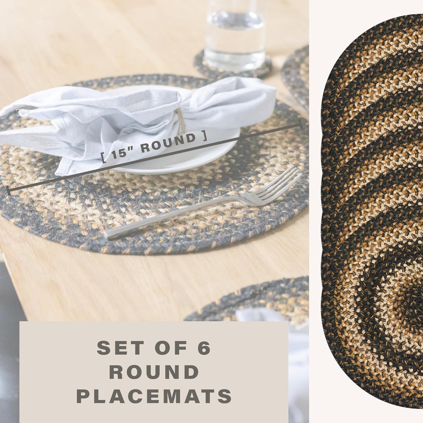 Kilimanjaro Jute Woven Round Placemats Set of 6, 15", Warm Primitive Decor, Black and Tan Table Mats - Vibrant Colors, Durable, Easy to Clean and Protects Furniture