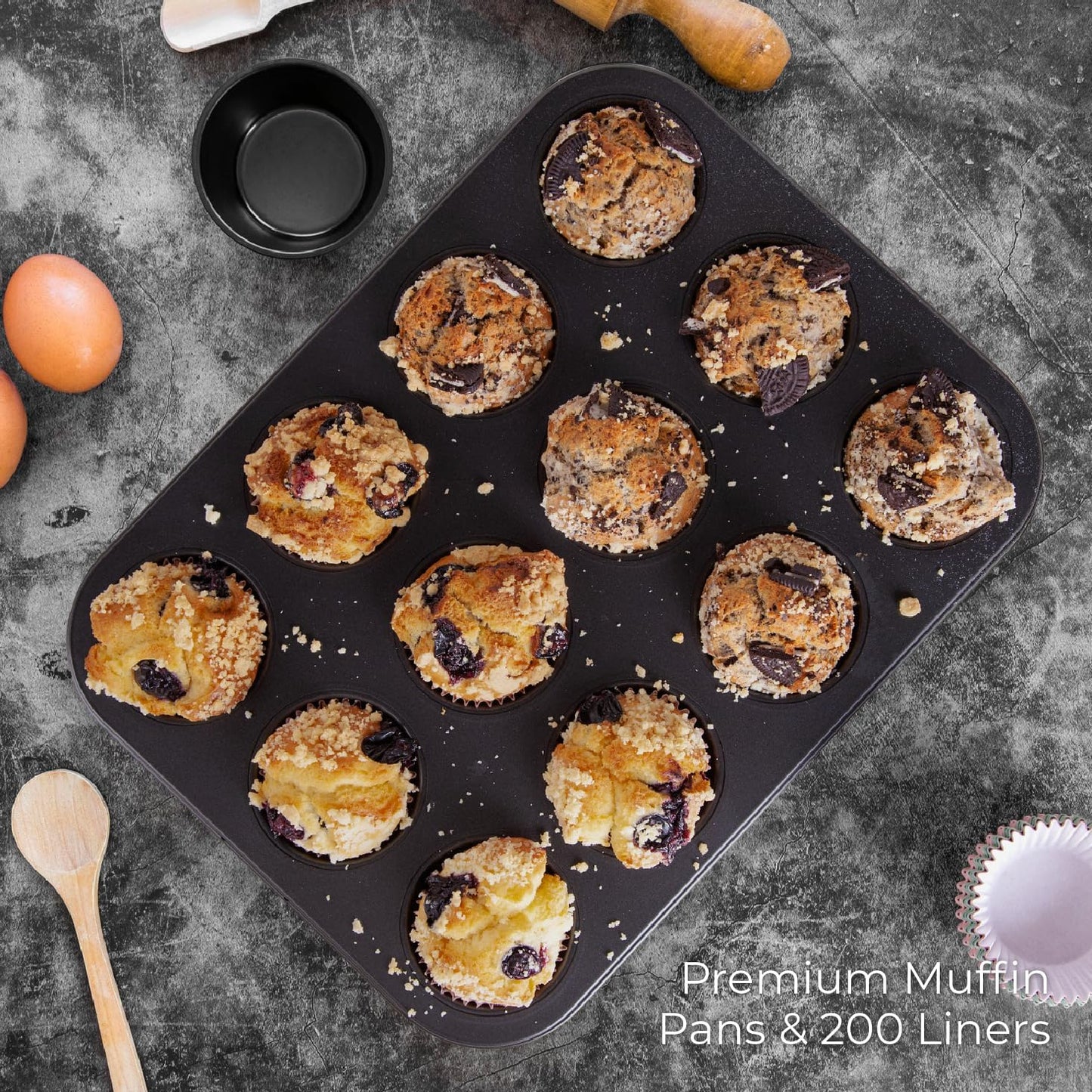 CARTMAN 1 Muffin Pan with 200 Cupcake Liners, Nonstick 12-Cup Muffin Tin, Carbon Steel Cupcake Pan for Baking Muffins, Egg Bites, Brownies & More