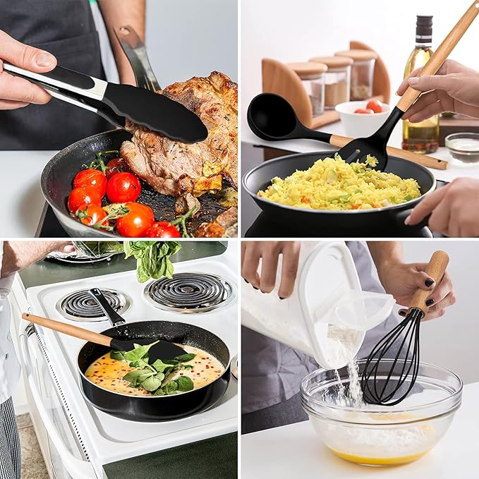 Kitchen Utensils Set of 12, E-far Silicone Cooking Utensils with Holder, Non-stick Cookware Friendly & Heat Resistant, Includes Spatula Tong Whisk Ladle Brush Slotted Turner Spoon(Black)