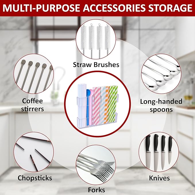 Acrylic Straw Holder for Cabinet Door or Countertop - Clear Organizer & Dispenser for Reusable Tumbler Straws, Space-Saving Kitchen Accessories, Cupboard or Pantry Storage, Strong Adhesive