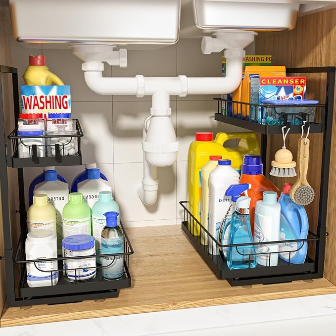 WOWBOX Under Sink Organizer 2 Pack, 2-Tier Cabinet Organizer for Kitchen, Bathroom, Slide Out Drawer Under Sink Organizers and Storage, Metal Organizing Rack for Pantry, Cabinet, Closet
