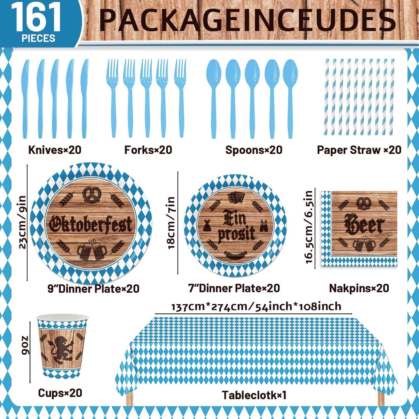 161 Oktoberfest Party Supplies Dinnerware Set - Bavarian German Design with Plates Cutlery Cups & Tablecloth-Blue Diamond Themed Decor for 20 Guests Perfect for Beer Festival, Oktoberfest Celebration
