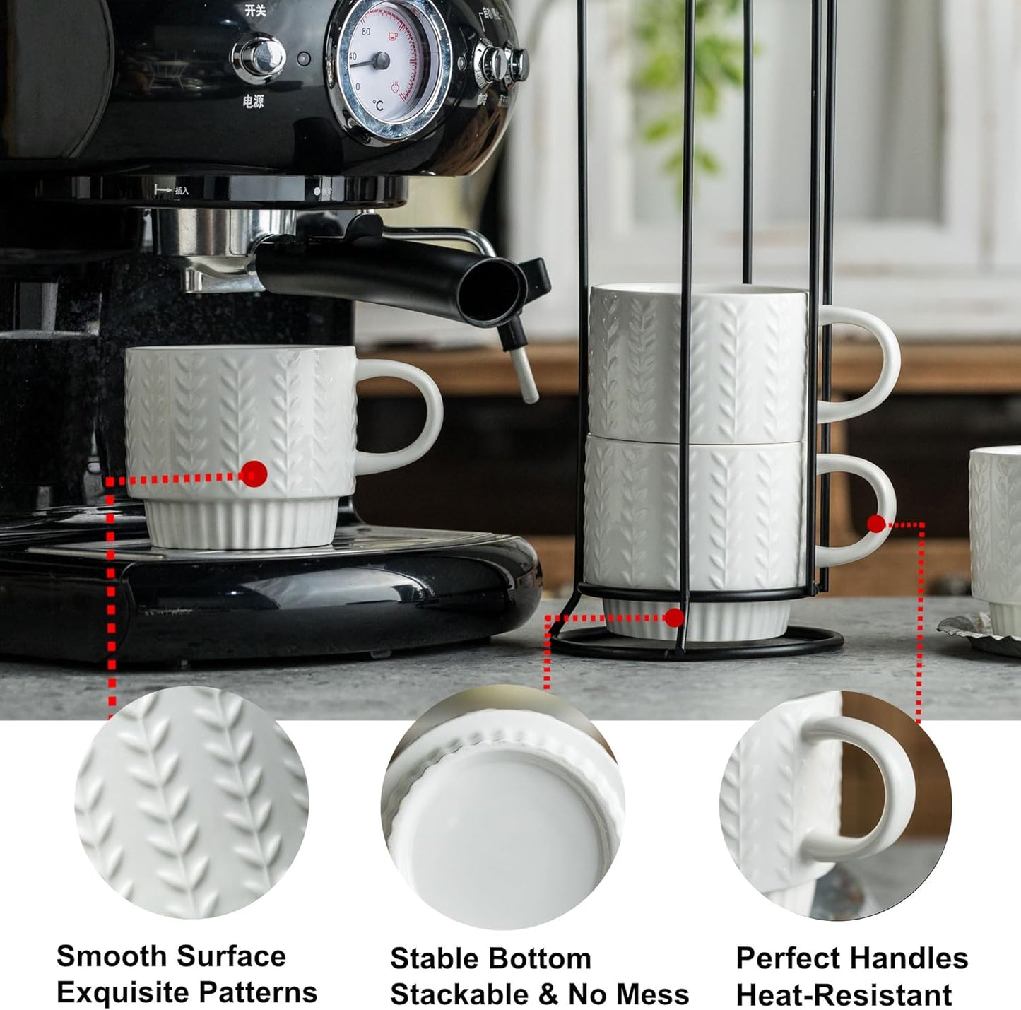 Stackable Coffee Mugs, Coffee Mug Set of 4 with Spoons & Stand, 13oz Espresso Cups for Drinks Latte Cappuccino Tea, Coffee Cup for Housewarming Birthday Gift, Dishwasher Safe, White