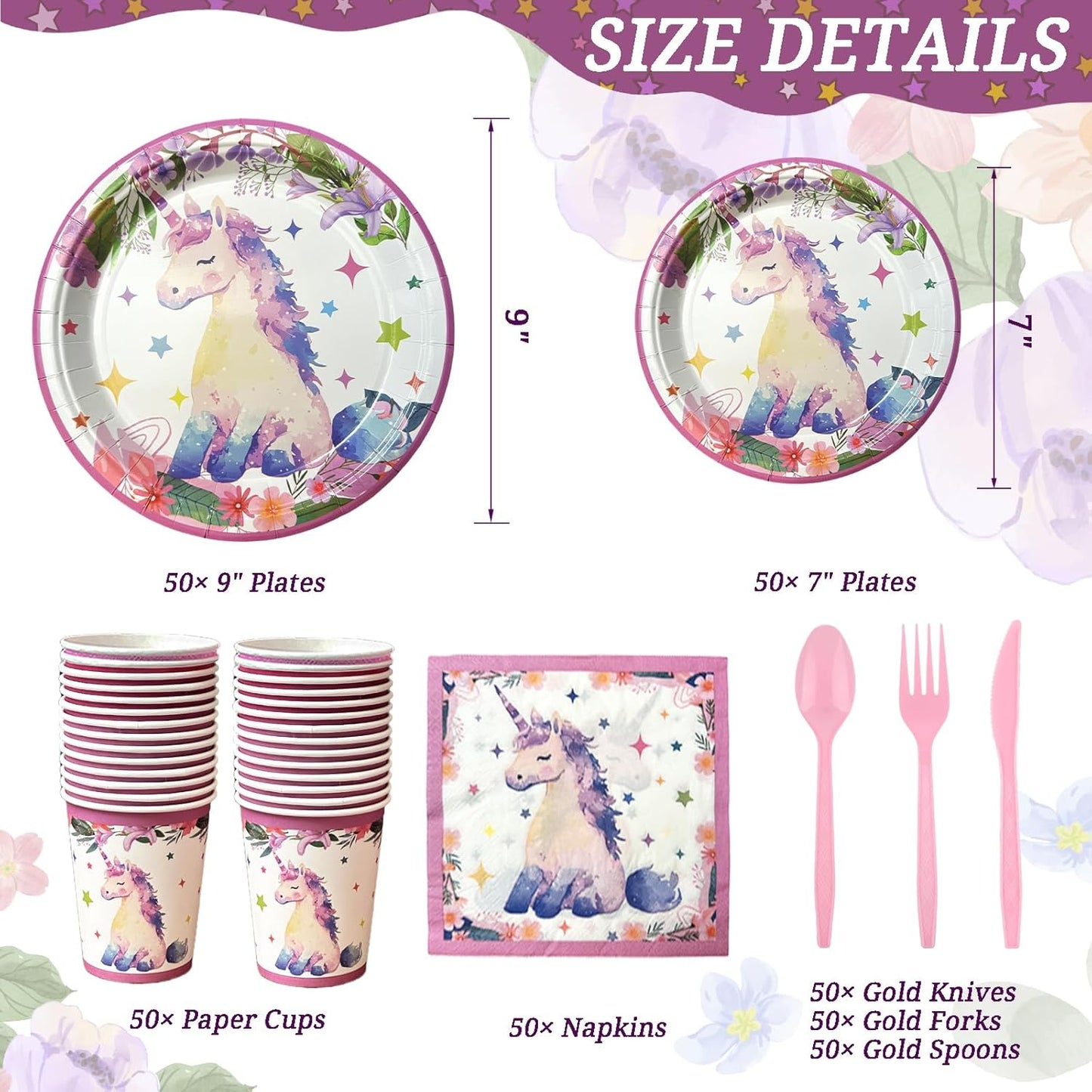 350 PCS Unicorn Birthday Plates and Napkins Sets Includes Disposable Plates Dessert Plates Napkins Cups Plastic Knives Forks Spoons Disposable Dinnerware Set For Unicorn Party (50 Guest)