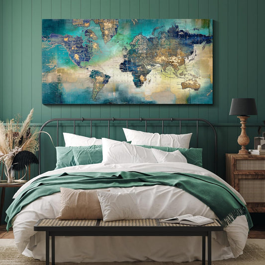 Large World Map Canvas Prints Wall Art for Living Room Office "24x48" Green World Map Picture Artwork Decor for Home Decoration