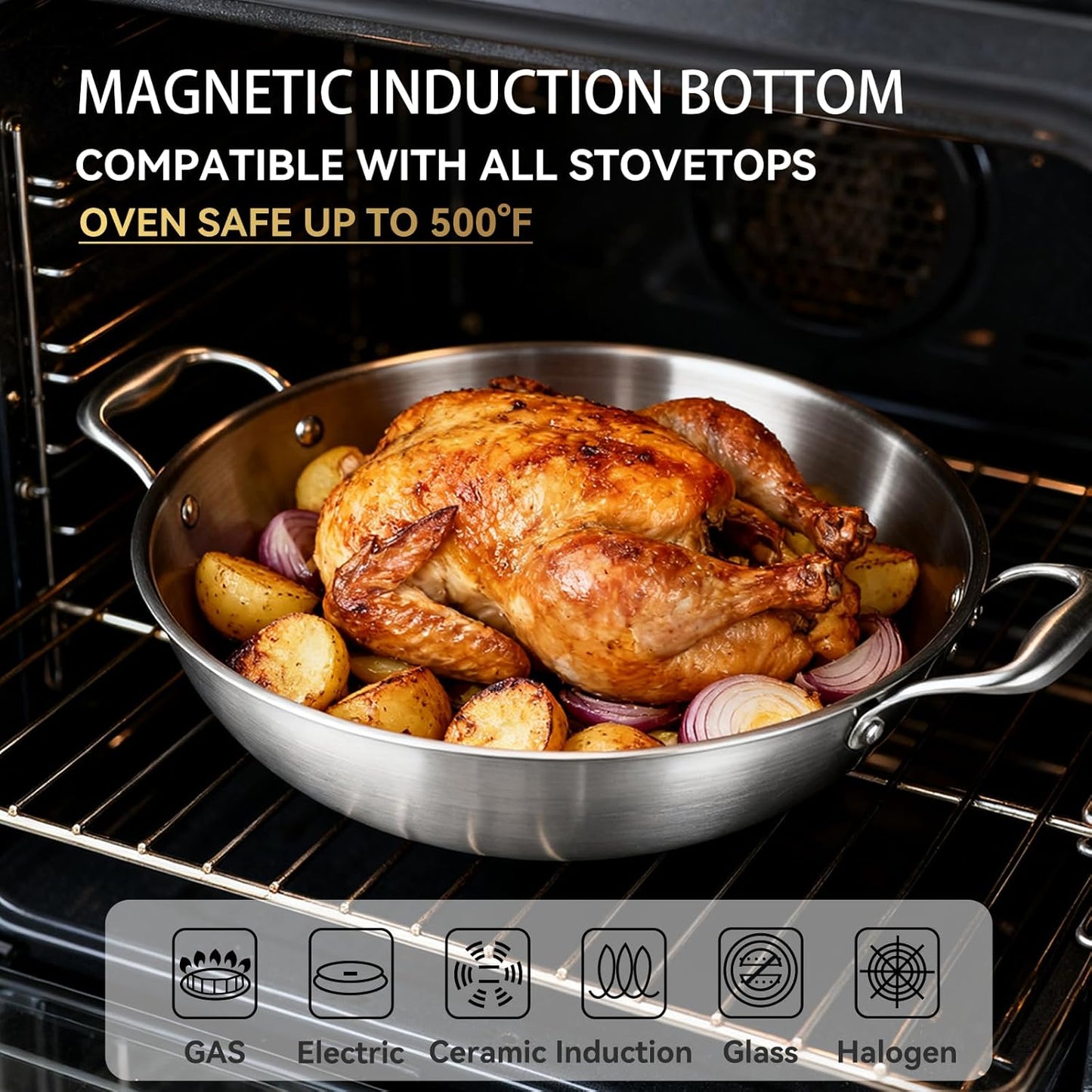 Inqibee 10-Inch Tri-Ply Stainless Steel Wok Pan with Lid,Small Stir Frying Pan,Jumbo Cooker,Induction Cooking Pan,Dishwasher and Oven Safe.