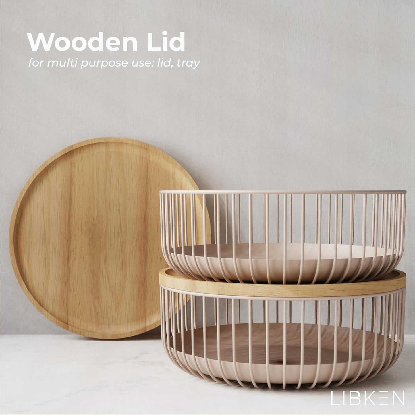 Fruit Basket for Kitchen - Multi-Purpose Stackable Basket with Wooden Lid - Powder Coated Metal and Rubber Wood - Wire Baskets for Organizing - Minimal Design - 11.4''x11.4''x4.5'' - Peach