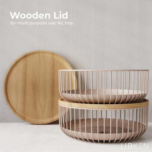 Fruit Basket for Kitchen - Multi-Purpose Stackable Basket with Wooden Lid - Powder Coated Metal and Rubber Wood - Wire Baskets for Organizing - Minimal Design - 11.4''x11.4''x4.5'' - Peach