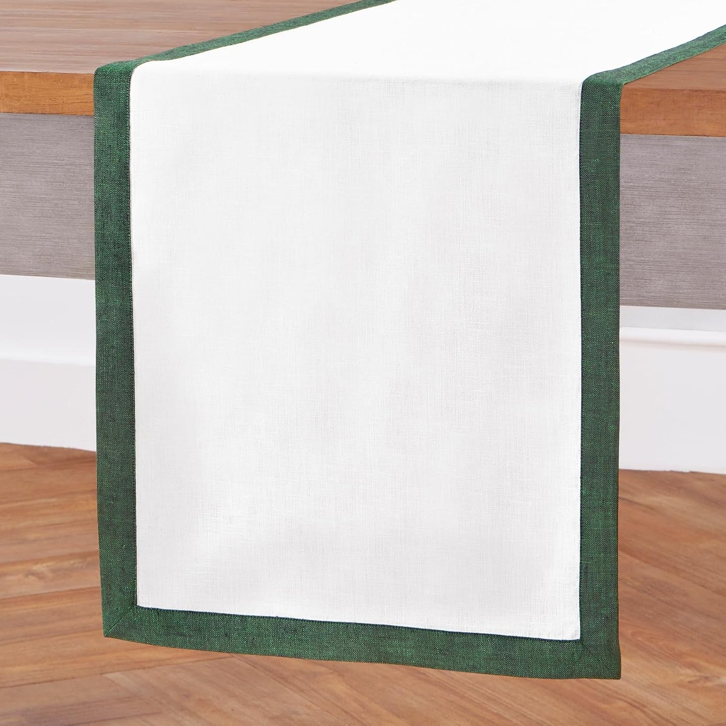 Solino Home Linen Table Runner 36 Inches - 100% Pure Linen Forest Green and White Table Runner 14 x 36 Inch Ideal for Dresser and Coffee Tables - Classic - Thanksgiving