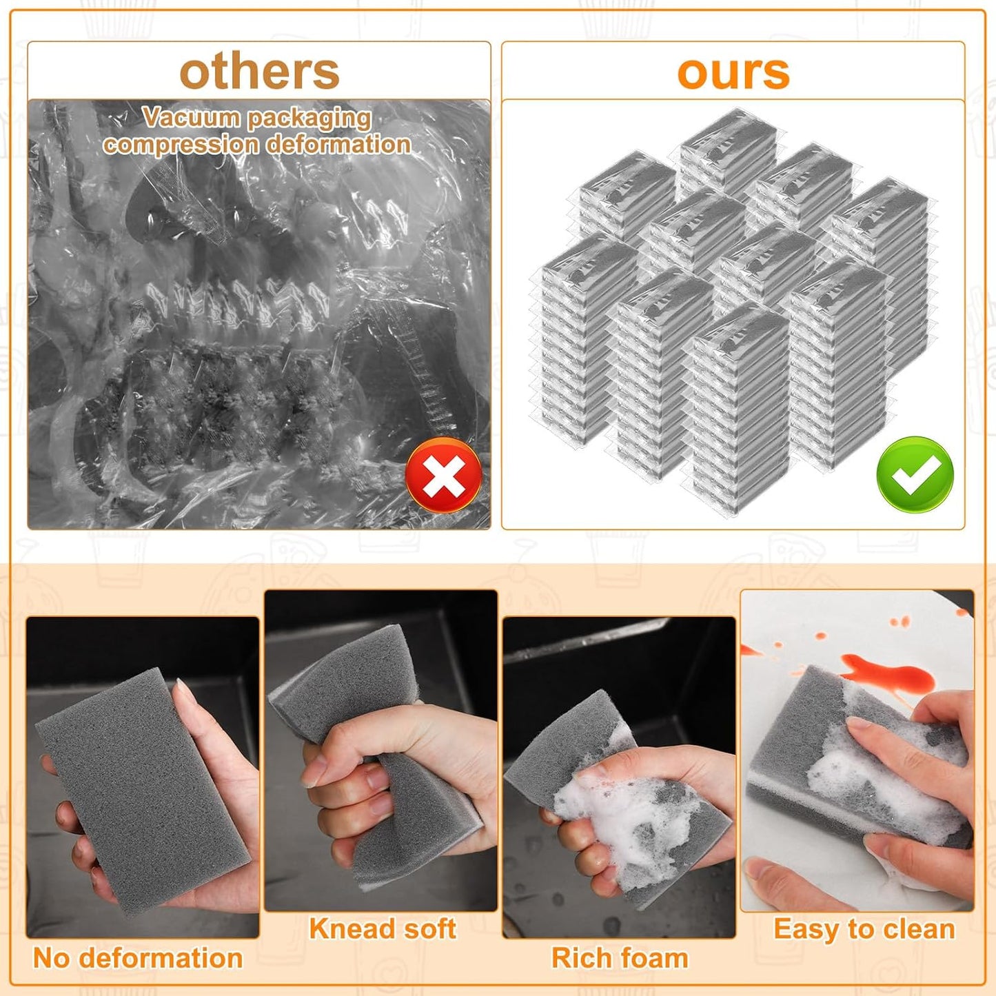 200 Pcs Individually Wrapped Sponges, Uncompressed Non Scratch Scrouing Sponges for Household Cleaning Dishes Kitchen Airbnb Apartment Car Bike Gray