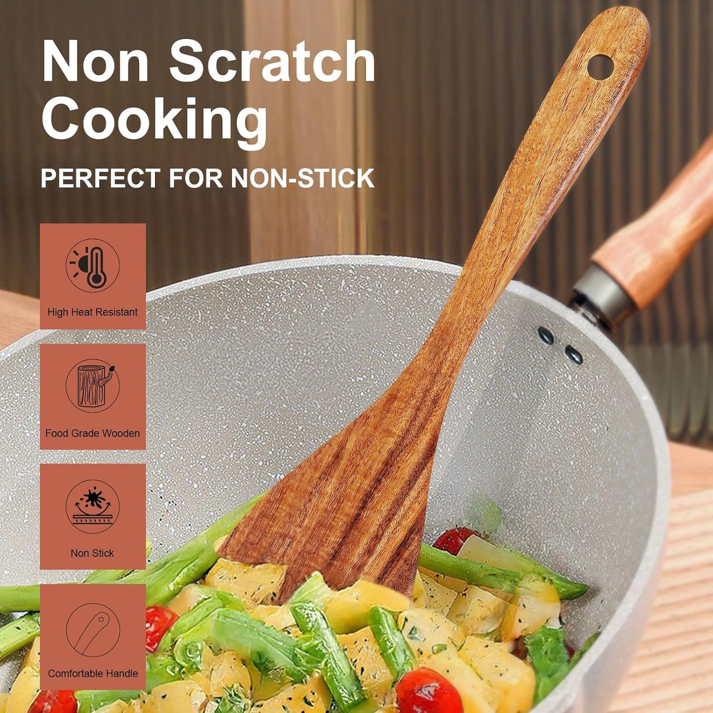 3Pcs Wooden Spatulas, Wooden Spatula for Cooking Long Handle Frying Turner Non-Stick Slotted Spurtle and Wood Scraper for Flipping, Scraping, and Turning, Cooking Utensils Set