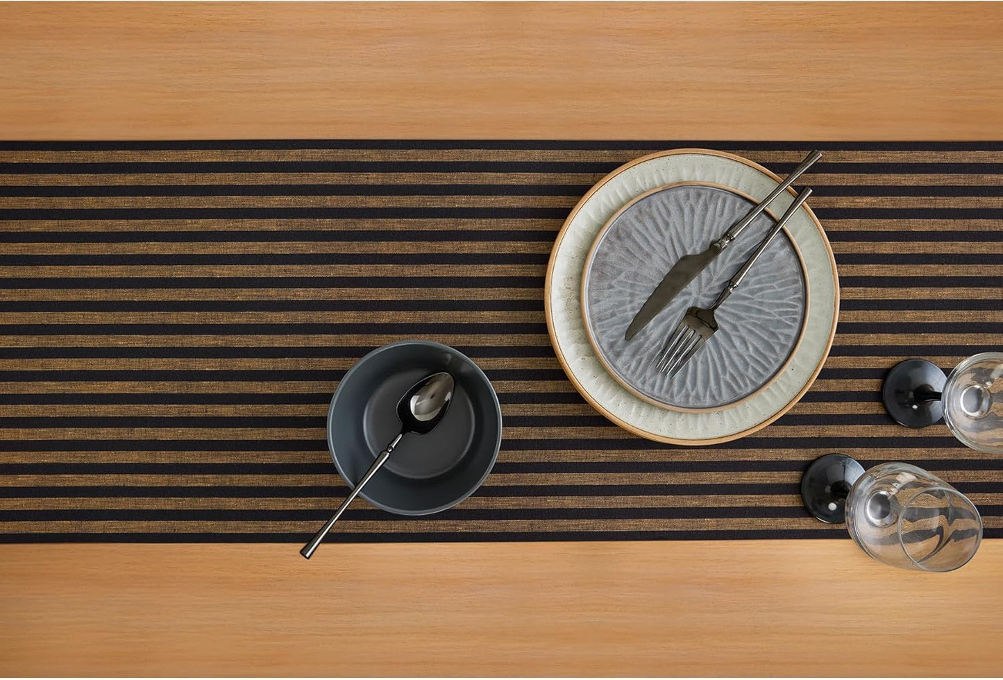 Solino Home Table Runner 108 Inches Long - Amalfi Stripe, 100% Pure Linen Brown Sugar and Black Table Runner 14 x 108 Inch for Dining, Fall, Autumn, Thanksgiving