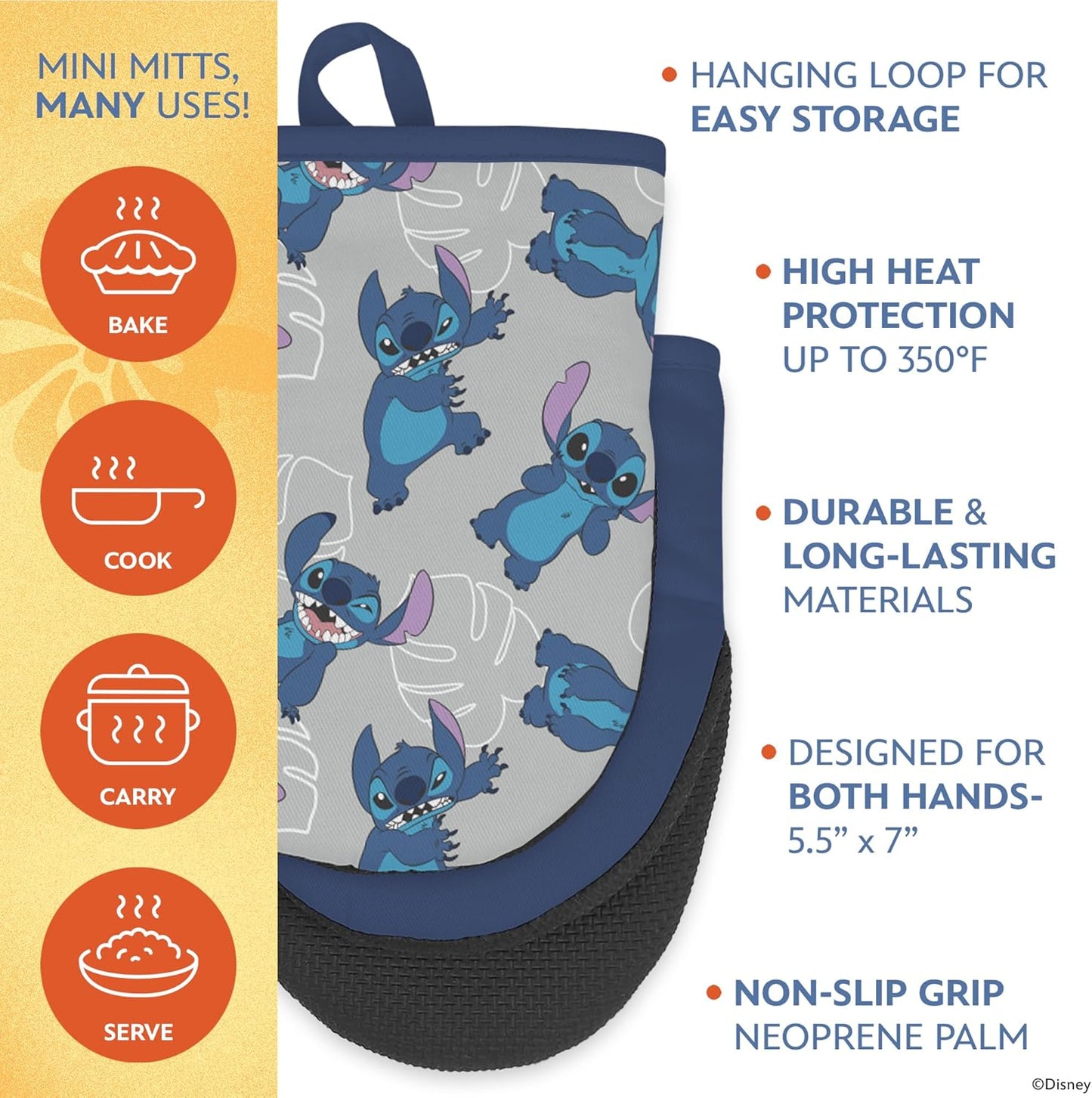 Disney Apron & Oven Mitts Set – 3 Piece Bundle with 1 Cotton Kitchen Apron for Cooking & 2 Heat Resistant Pot Holders