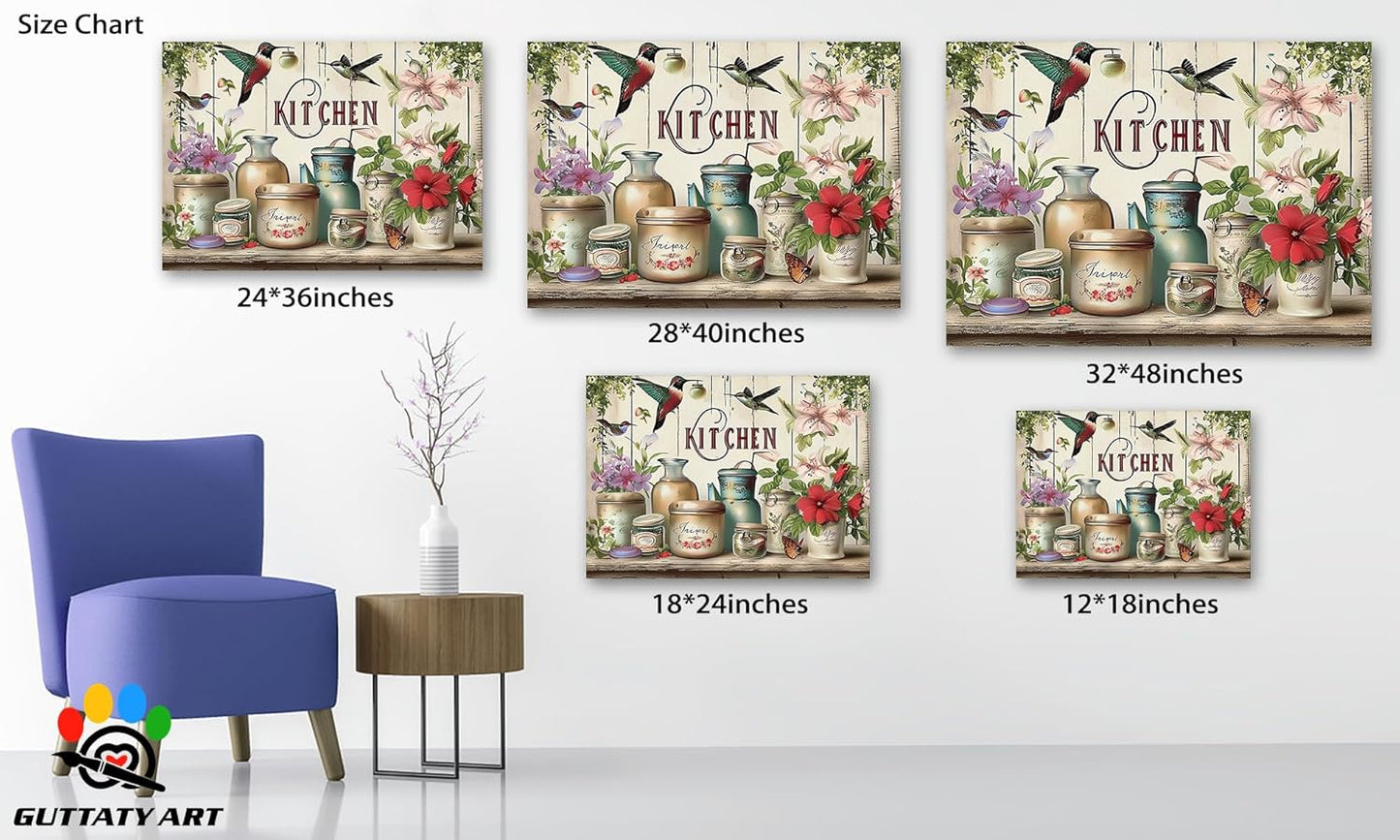 GUTTATY Farmhouse Wall Art Rustic Kitchen Decor, Ready to Hang Kitchen Canvas Print Flowers And Bird,Vintage Posters Prints for Dinning Room Home Kitchen Restaurant Painting 28×40 Inch