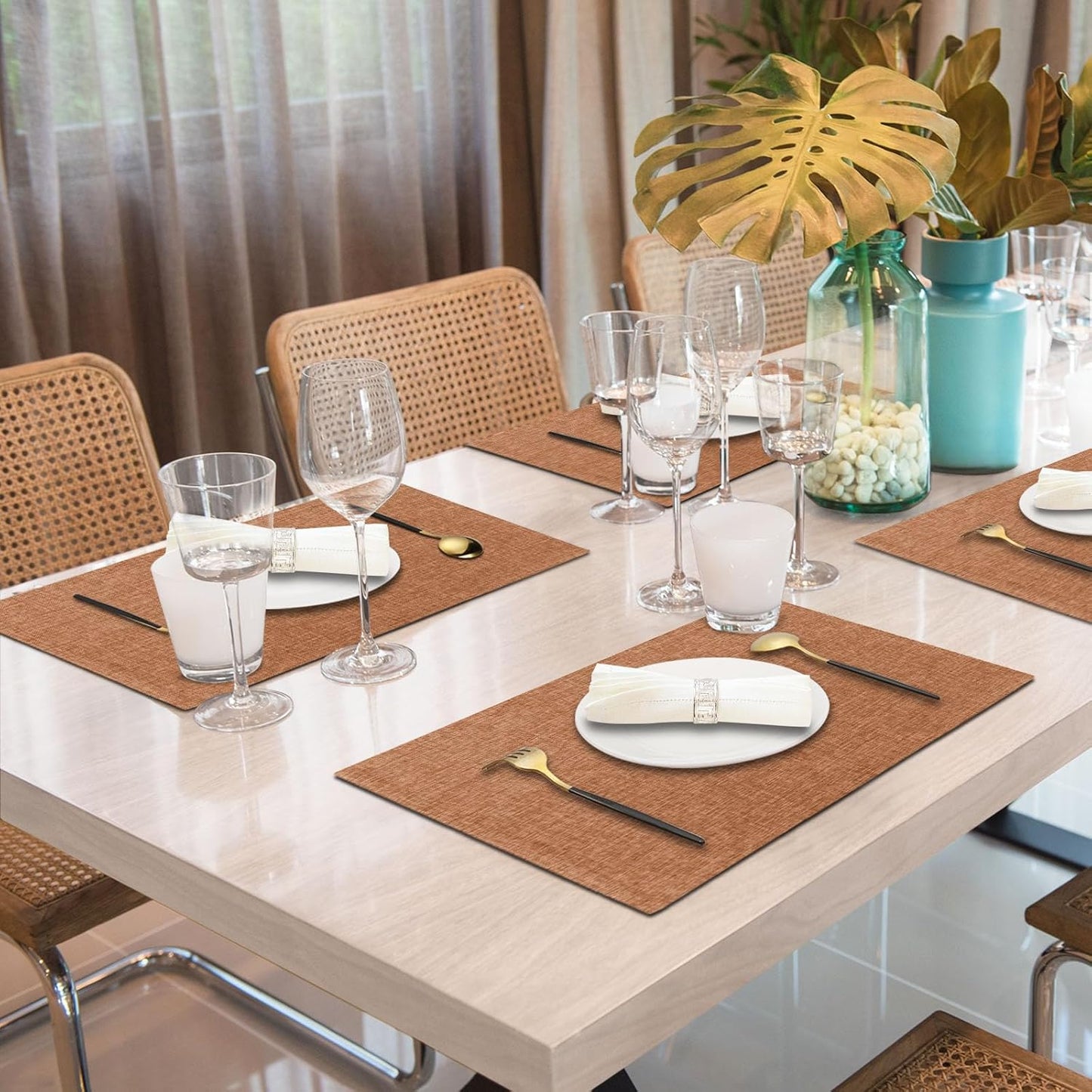 Cloth Placemats Set of 4, Cotton Linen Blend Machine Washable Double Layered Place Mats, Heat Resistant Placemats Wrinkle Free Thick Fabric Dining Table Mats for Indoors & Outdoors (Flaxen, 4)