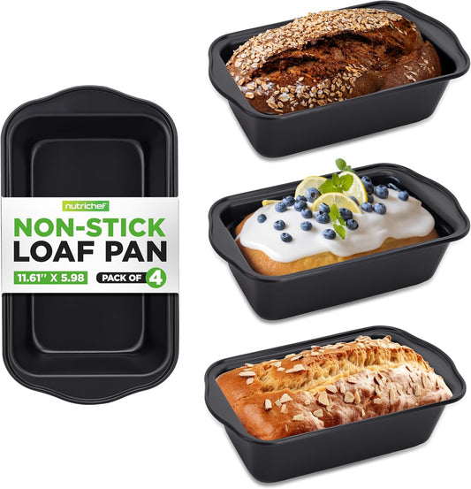 NutriChef Loaf Pans Set of 4 | Non-Stick Premium Bread Pans Quick & Even Heat Distribution | Oven Safe To 450 F | No PFOA, PFOS & PTFEs | Food Grade Carbon Steel | 11.61 x 5.98 x 2.56 Inches (Black)