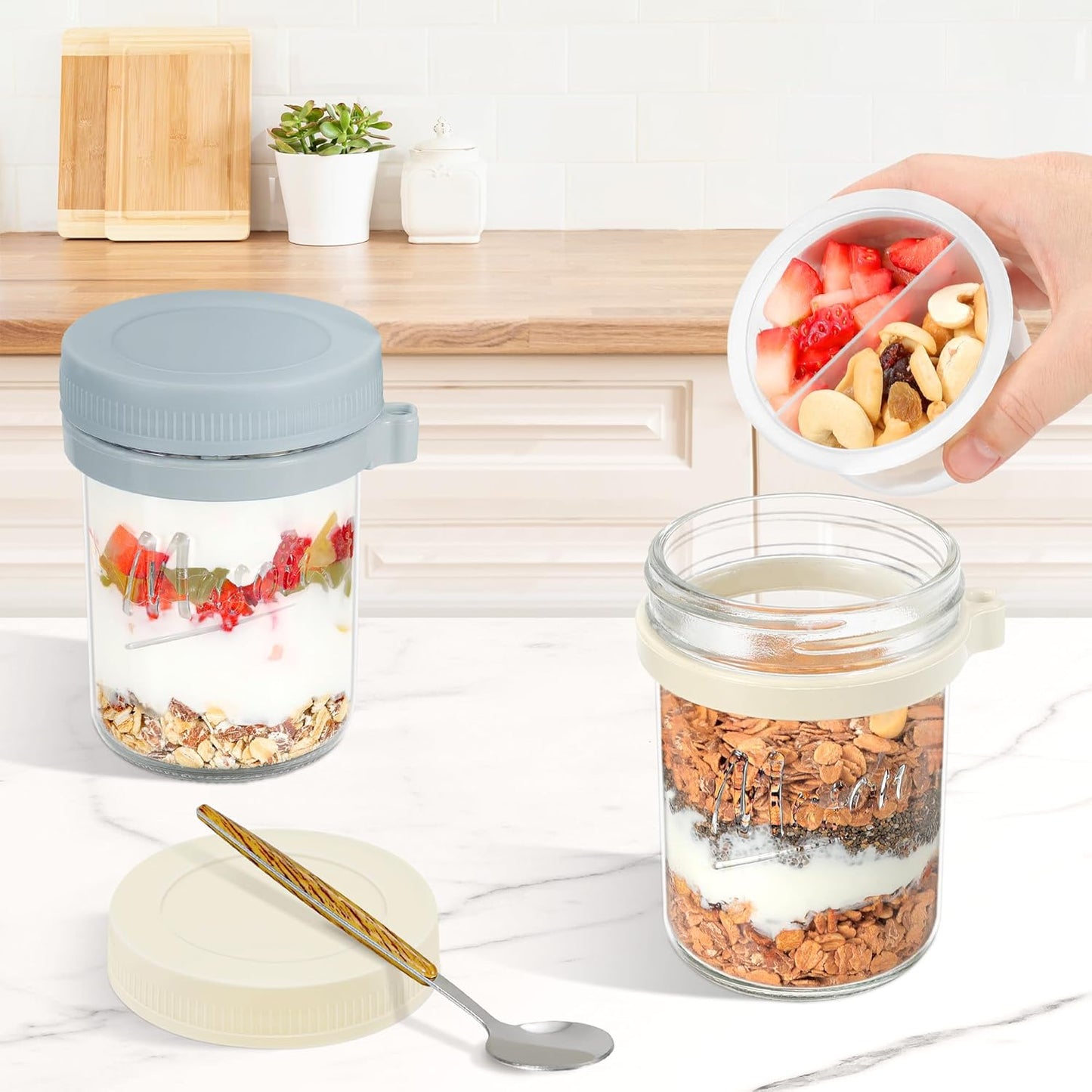 4 Pack Overnight Oats Containers with Lids and Spoons, 16 oz Mason Jars with Removable Separate Compartments, Airtight and Leak-Proof Glass Jars for Chia Pudding, Yogurt, and Oatmeal