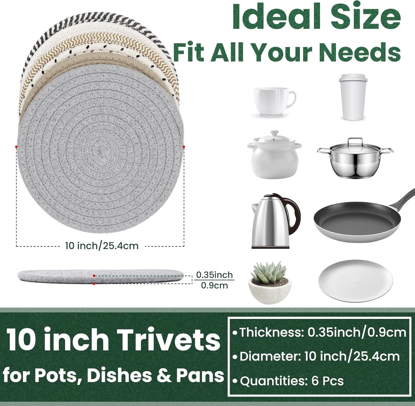 10 Inch Trivets for Hot Dishes, Hot Pots and Pans, Extra Large Thick Heat Resistant Large Coaster for Kitchen, Hot Pads, Kitchen Essentials, Pot Holders for Table & Countertop, 6 Pcs